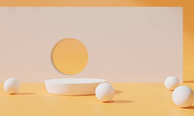 Renkli arka plan standı olan podyum ya da boş arka planlı reklam ekranında podyum kaidesi. 3B görüntüleme.