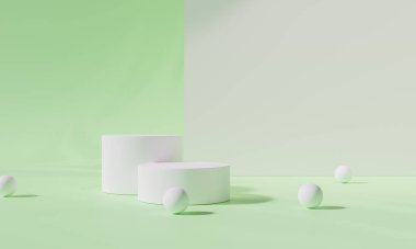 Renkli arka plan standı olan podyum ya da boş arka planlı reklam ekranında podyum kaidesi. 3B görüntüleme.