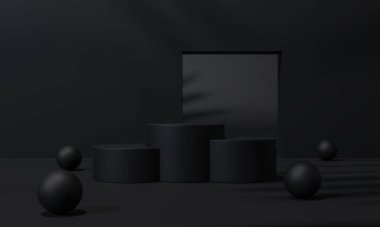 Siyah podyum ve siyah arkaplan standı ya da podyum kaidesi reklam ekranında boş arkaplan. 3B görüntüleme.