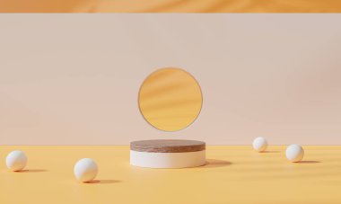 Renkli arka plan standı olan podyum ya da boş arka planlı reklam ekranında podyum kaidesi. 3B görüntüleme.