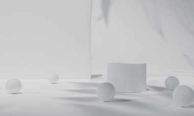 Beyaz podyum ve beyaz arka plan standı ya da boş arkaplan ile reklam ekranında podyum kaidesi. 3B görüntüleme