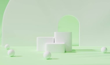 Renkli arka plan standı olan podyum ya da boş arka planlı reklam ekranında podyum kaidesi. 3B görüntüleme.
