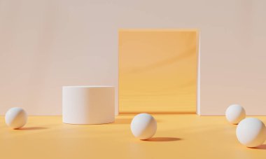 Renkli arka plan standı olan podyum ya da boş arka planlı reklam ekranında podyum kaidesi. 3B görüntüleme.