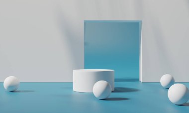 Renkli arka plan standı olan podyum ya da boş arka planlı reklam ekranında podyum kaidesi. 3B görüntüleme.