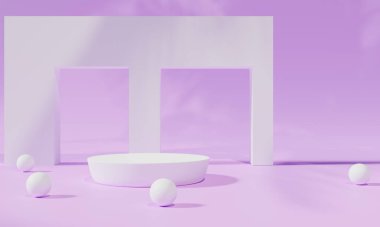 Renkli arka plan standı olan podyum ya da boş arka planlı reklam ekranında podyum kaidesi. 3B görüntüleme.