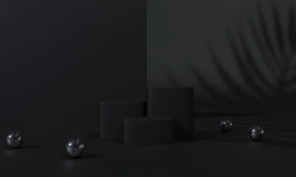 Zwart Podium Zwarte Achtergrond Staan Podium Voetstuk Reclame Display Met — Stockfoto