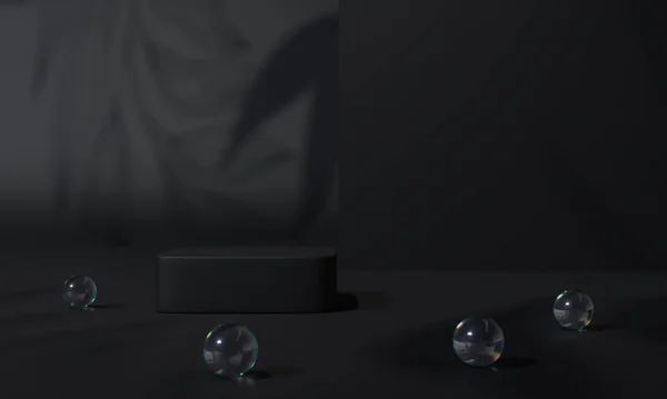 Siyah Podyum Siyah Arkaplan Standı Podyum Kaidesi Reklam Ekranında Boş — Stok fotoğraf