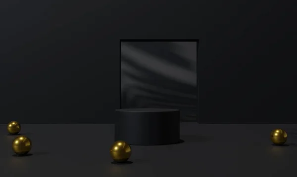 Black Podium Black Background Stand Podium Pedestal Advertising Display Blank — Stock Photo, Image