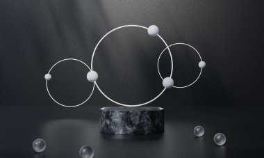 Siyah podyum ve siyah arkaplan standı ya da podyum reklamları ışık yayıyor. 3B görüntüleme