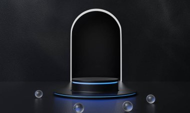 Siyah podyum ve siyah arkaplan standı ya da podyum reklamları ışık yayıyor. 3B görüntüleme