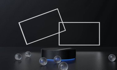 Siyah podyum ve siyah arkaplan standı ya da podyum reklamları ışık yayıyor. 3B görüntüleme