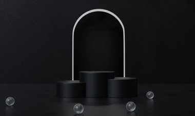 Siyah podyum ve siyah arkaplan standı ya da podyum reklamları ışık yayıyor. 3B görüntüleme