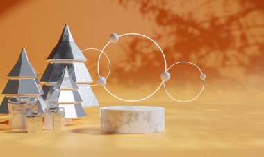 Marka ve ambalaj sunumu için Noel podyumu. Hediye kutularıyla, Noel gösterisiyle. Kozmetik ve moda. 3d oluşturma.