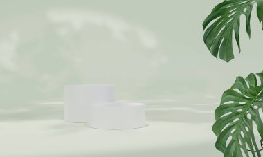 Renkli pastel arka planı ve ağaç veya yaprak standı olan podyum reklam ekranında. 3B görüntüleme.