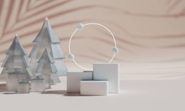 Marka ve ambalaj sunumu için Noel podyumu. Hediye kutularıyla, Noel gösterisiyle. Kozmetik ve moda. 3d oluşturma.