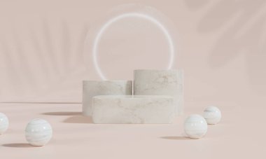 Renkli pastel arka planı ve ağaç veya yaprak standı olan podyum reklam ekranında. 3B görüntüleme.
