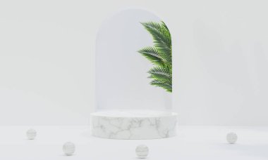 Renkli pastel arka planı ve ağaç veya yaprak standı olan podyum reklam ekranında. 3B görüntüleme.