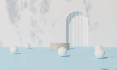 Renkli arka plan standı olan podyum ya da reklam ekranında podyum kaidesi. 3B görüntüleme.