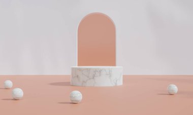 Renkli pastel arka planı ve ağaç veya yaprak standı olan podyum reklam ekranında. 3B görüntüleme.