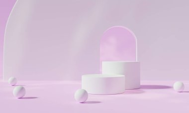 Renkli arka plan standı olan podyum ya da reklam ekranında podyum kaidesi. 3B görüntüleme.