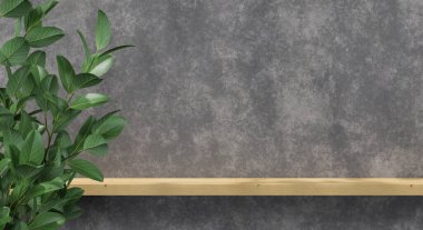 Ürün sunumu için gölge, ağaç ve doku duvarlı 3D kürsü rafı. 3B görüntüleme.
