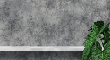 Ürün sunumu için gölge, ağaç ve doku duvarlı 3D kürsü rafı. 3B görüntüleme.