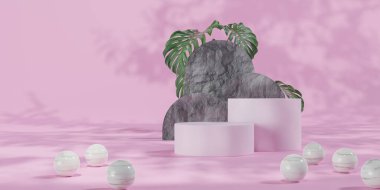 Renkli pastel arka planı ve ağaç veya yaprak standı olan podyum reklam ekranında. 3B görüntüleme.