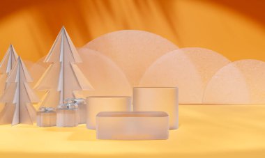 Marka ve ambalaj sunumu için Noel podyumu. Hediye kutularıyla, Noel gösterisiyle. Kozmetik ve moda. 3d oluşturma.