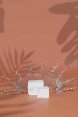 Podyumda sıvı, su veya süt sıçraması beyaz arka planda izole edilmiş, 3D görüntüleme.