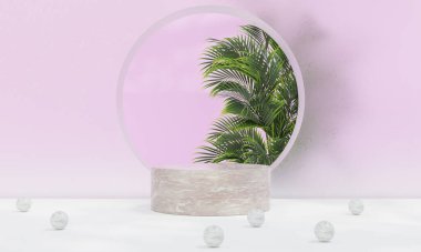 Renkli pastel arka planı ve ağaç veya yaprak standı olan podyum reklam ekranında. 3B görüntüleme.