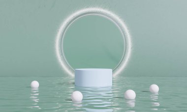 Su ve renk üzerine podyum veya gökyüzü arkaplan reklam ekranı. 3B görüntüleme.