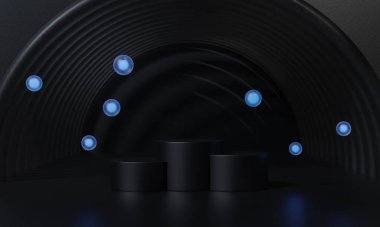 Kara Cuma podyumu ve siyah arka plan standı ya da podyum reklamları kırmızı ışık emisyonunu gösteriyor. 3B görüntüleme.