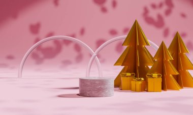 Marka ve ambalaj sunumu için Noel podyumu. Hediye kutularıyla, Noel gösterisiyle. Kozmetik ve moda. 3d oluşturma.