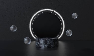 Kara Cuma podyumu ve siyah arka plan standı ya da podyum reklamları kırmızı ışık emisyonunu gösteriyor. 3B görüntüleme.