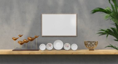 Duvardaki çerçeve, yeşil bitki, yeşil duvar ve raf desenli. 3B görüntüleme.