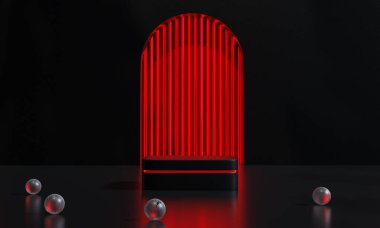 Kara Cuma podyumu ve siyah arka plan standı ya da podyum reklamları kırmızı ışık emisyonunu gösteriyor. 3B görüntüleme.