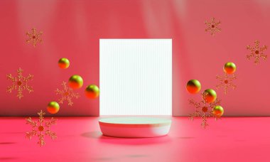 Marka ve ambalaj sunumu için Noel podyumu. Hediye kutularıyla, Noel gösterisiyle. Kozmetik ve moda. 3d oluşturma.