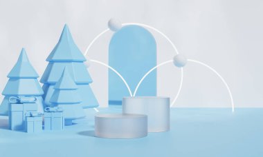 Marka ve ambalaj sunumu için Noel podyumu. Hediye kutularıyla, Noel gösterisiyle. Kozmetik ve moda. 3d oluşturma.