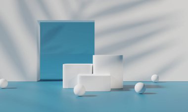Renkli arka plan standı olan podyum ya da reklam ekranında podyum kaidesi. 3B görüntüleme.
