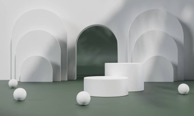 Renkli pastel arka planı ve ağaç veya yaprak standı olan podyum reklam ekranında. 3B görüntüleme.