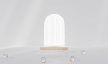 Renkli pastel arka planı ve ağaç veya yaprak standı olan podyum reklam ekranında. 3B görüntüleme.