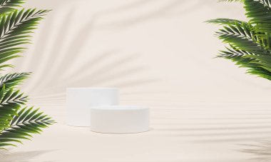 Renkli pastel arka planı ve ağaç veya yaprak standı olan podyum reklam ekranında. 3B görüntüleme.