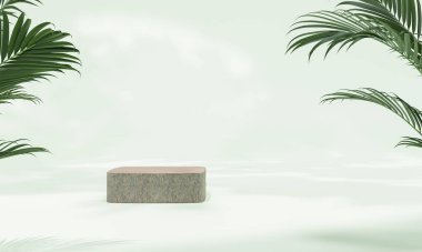 Renkli pastel arka planı ve ağaç veya yaprak standı olan podyum reklam ekranında. 3B görüntüleme.