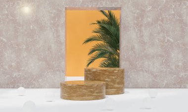 Renkli pastel arka planı ve ağaç veya yaprak standı olan podyum reklam ekranında. 3B görüntüleme.