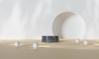 Renkli pastel arka planı ve ağaç veya yaprak standı olan podyum reklam ekranında. 3B görüntüleme.