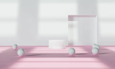 Renkli pastel arka planı ve ağaç veya yaprak standı olan podyum reklam ekranında. 3B görüntüleme.