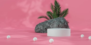 Renkli pastel arka planı ve ağaç veya yaprak standı olan podyum reklam ekranında. 3B görüntüleme.