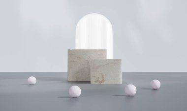 Renkli pastel arka planı ve ağaç veya yaprak standı olan podyum reklam ekranında. 3B görüntüleme.