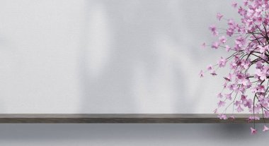 Renkli pastel arka planı ve ağaç veya yaprak standı olan podyum reklam ekranında. 3B görüntüleme.