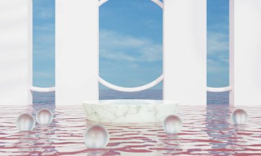 Su ve renk üzerine podyum veya gökyüzü arkaplan reklam ekranı. 3B görüntüleme.